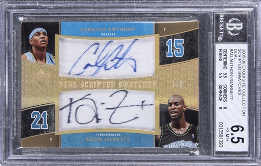 2005-06 UD "Exquisite Collection" Scripted Swatches Dual #AG Carmelo Anthony/Kevin Garnett Dual Signed Game Used Patch Card (#1/5) – BGS EX-MT+ 6.5/BGS 9